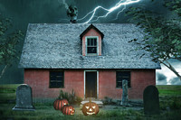 Дом с привидениями с тыквами на Хэллоуин